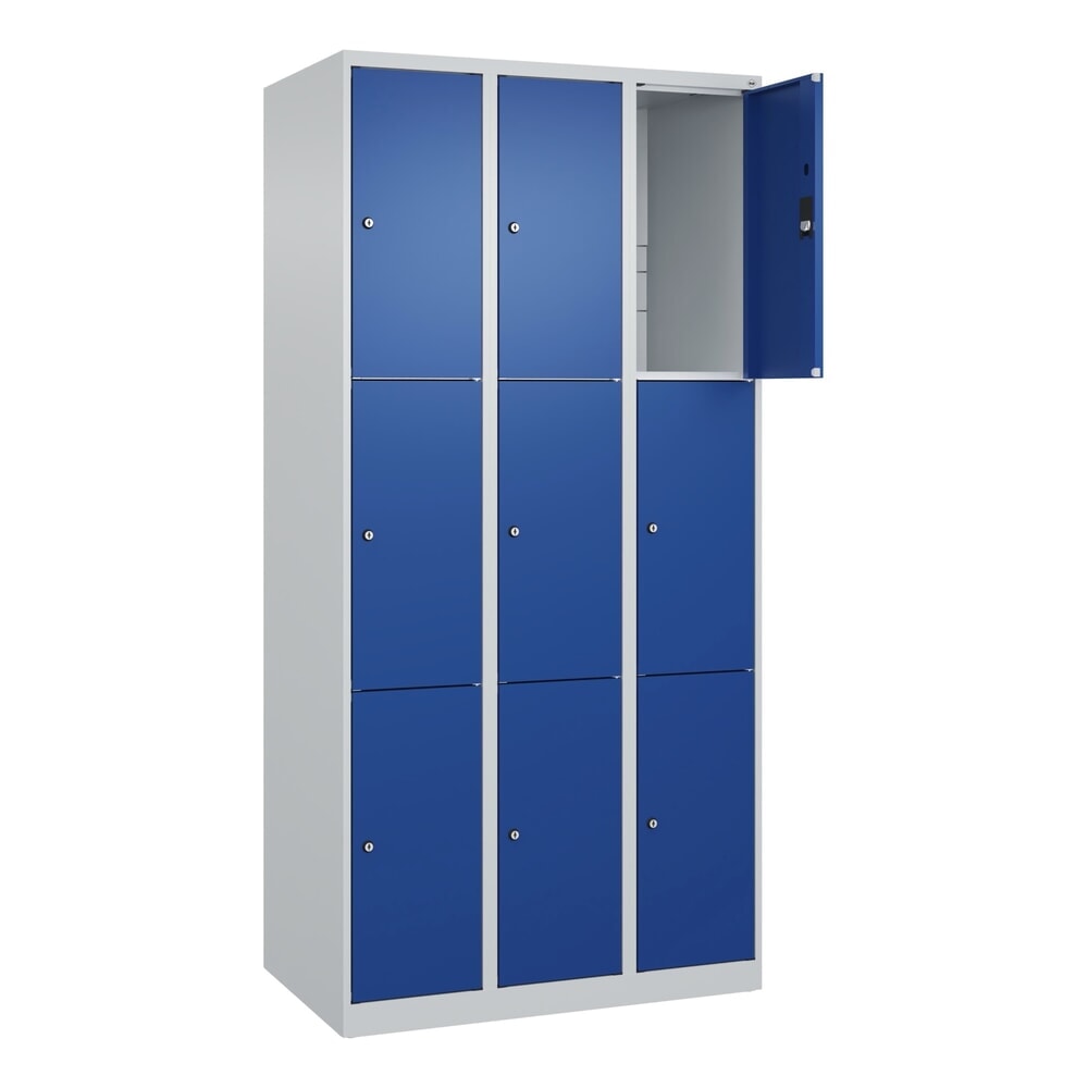 C+P Schliessfachschrank Classic PLUS, 3 Abteile, HxBxT 1.850 x 900 x 500 mm, lichtgrau, enzianblau, 9 Fächer, Zylinderschloss
