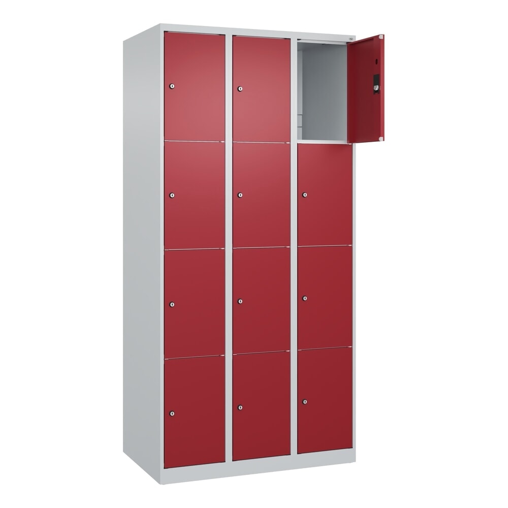 C+P Schliessfachschrank Classic PLUS, 3 Abteile, HxBxT 1.850 x 900 x 500 mm, lichtgrau, rubinrot, 12 Fächer, Zylinderschloss
