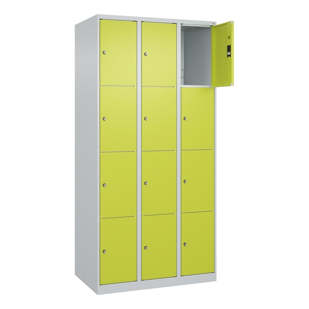 C+P Schliessfachschrank Classic PLUS, 3 Abteile, HxBxT 1.850 x 900 x 500 mm, lichtgrau, clowngrün, 12 Fächer, Zylinderschloss