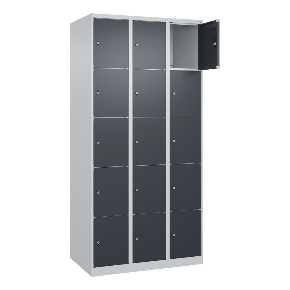 C+P Schliessfachschrank Classic PLUS, 3 Abteile, HxBxT 1.850 x 900 x 500 mm, lichtgrau, anthrazitgrau, 15 Fächer, Zylinderschloss