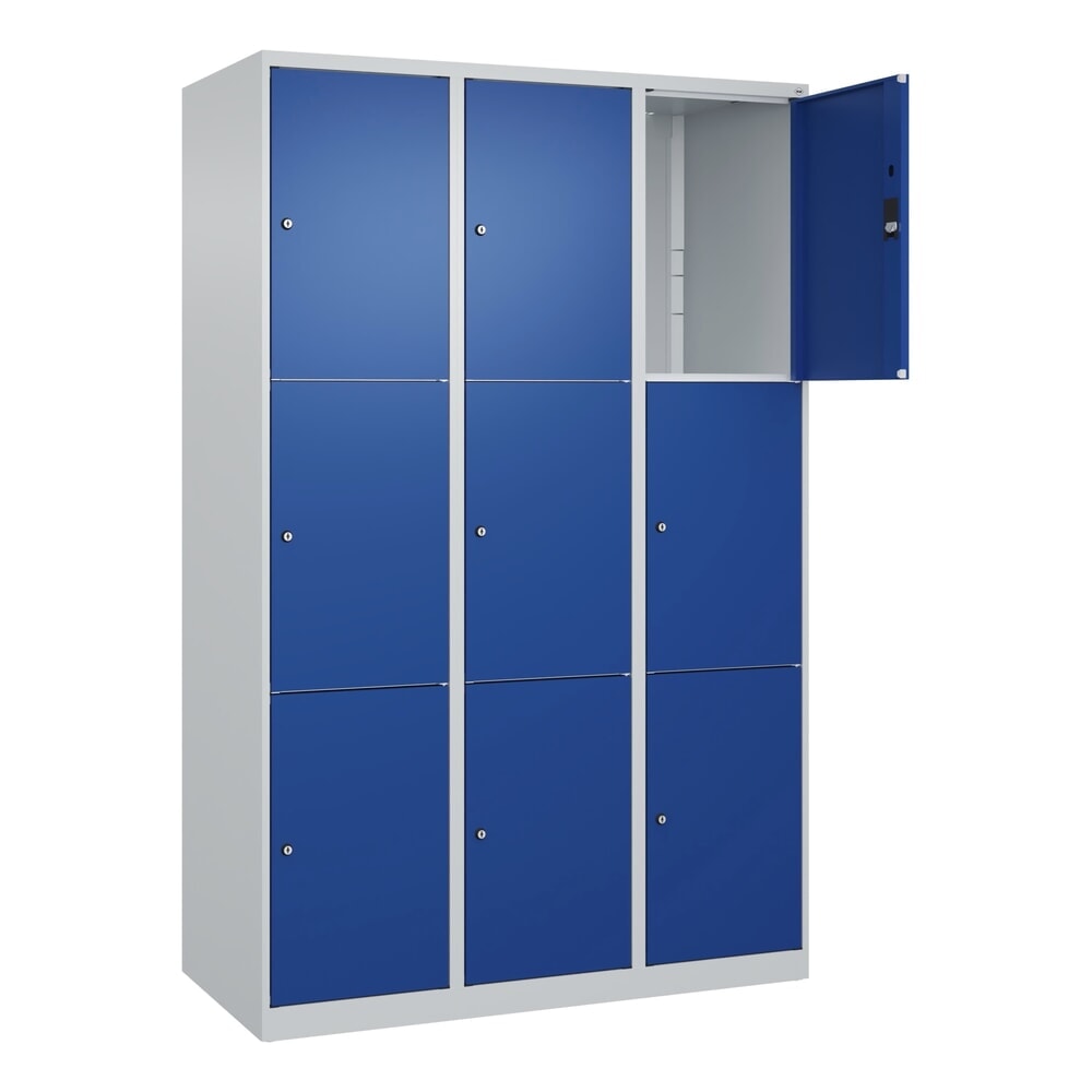 C+P Schliessfachschrank Classic PLUS, 3 Abteile, HxBxT 1.850 x 1.200 x 500 mm, lichtgrau, enzianblau, 9 Fächer, Zylinderschloss