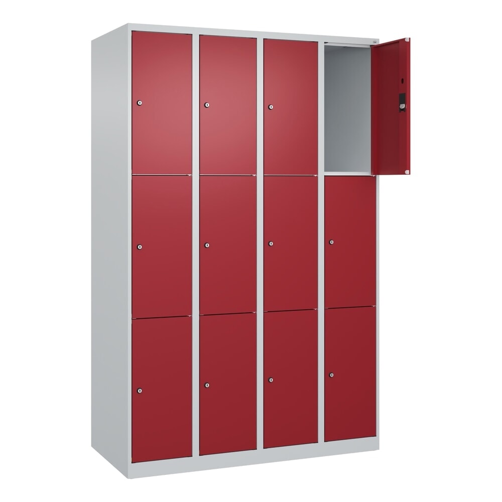 C+P Schliessfachschrank Classic PLUS, 4 Abteile, HxBxT 1.850 x 1.200 x 500 mm, lichtgrau, rubinrot, 12 Fächer, Zylinderschloss
