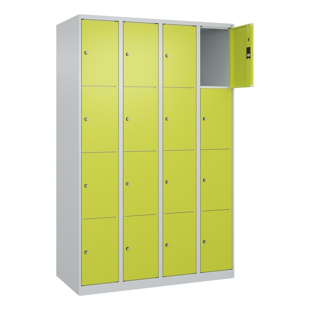C+P Schliessfachschrank Classic PLUS, 4 Abteile, HxBxT 1.850 x 1.200 x 500 mm, lichtgrau, clowngrün, 16 Fächer, Zylinderschloss
