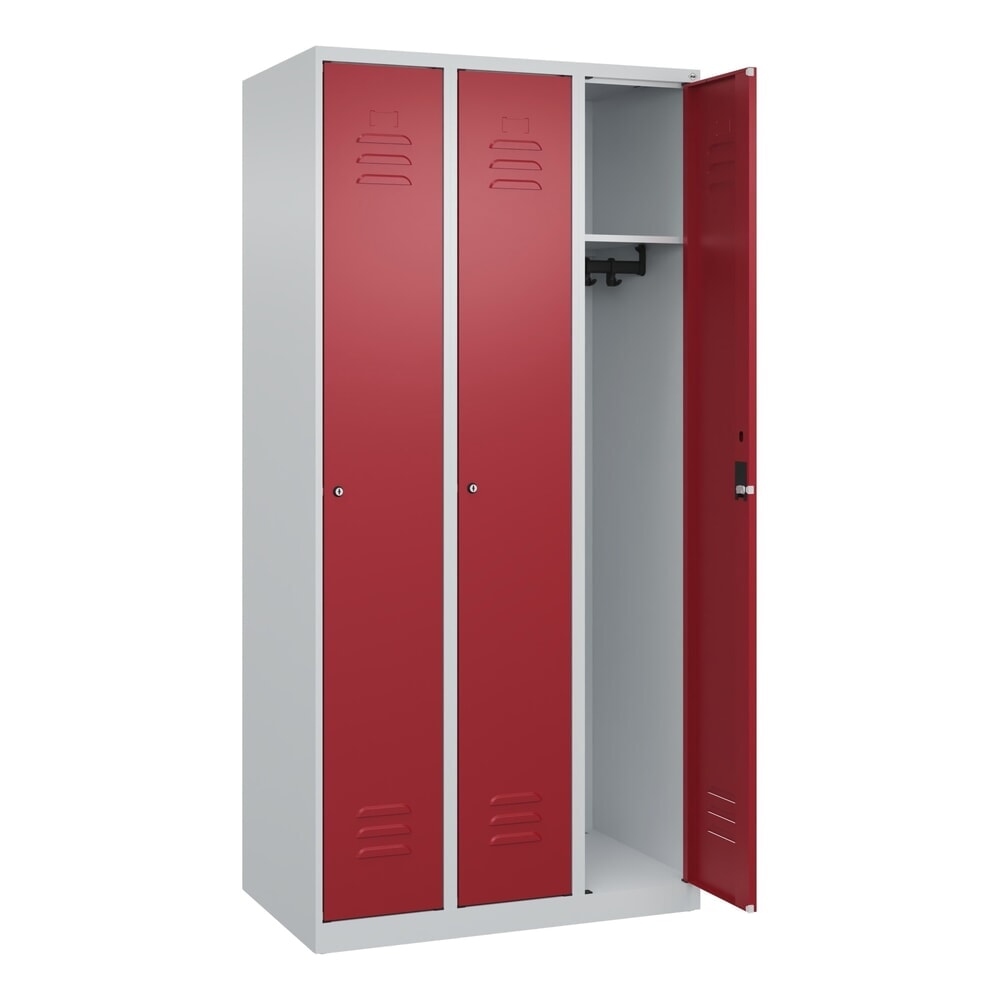 C+P Spind Classic PLUS, 3 Abteile, HxBxT 1.850 x 900 x 500 mm, lichtgrau, rubinrot, Zylinderschloss, ohne Mitteltrennwand