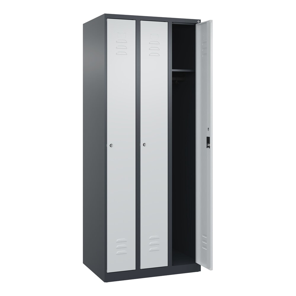 C+P Spind Classic PLUS, 3 Abteile, HxBxT 1.850 x 750 x 500 mm, anthrazitgrau, lichtgrau, Zylinderschloss, ohne Mitteltrennwand