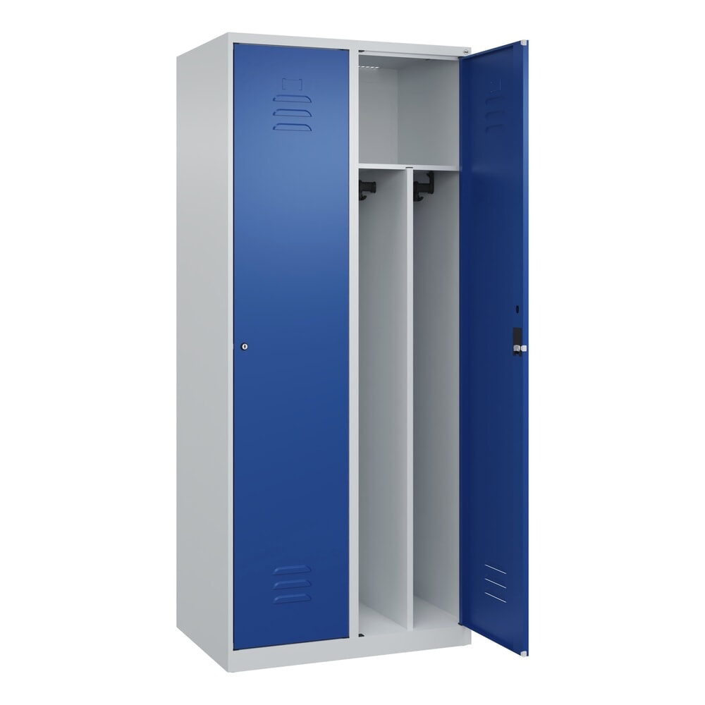C+P Spind Classic PLUS, 2 Abteile, HxBxT 1.850 x 800 x 500 mm, lichtgrau, enzianblau, Zylinderschloss, mit Mitteltrennwand
