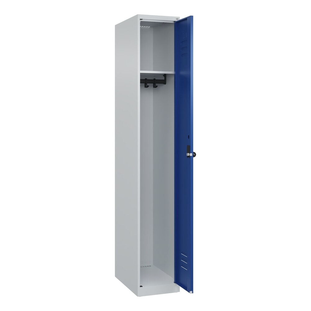 C+P Spind Classic PLUS, 1 Abteil, HxBxT 1.850 x 300 x 500 mm, lichtgrau, enzianblau, für Vorhängeschloss, ohne Mitteltrennwand