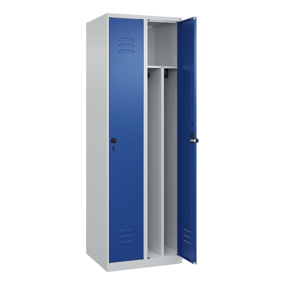 C+P Spind Classic PLUS, 2 Abteile, HxBxT 1.850 x 600 x 500 mm, lichtgrau, enzianblau, für Vorhängeschloss, mit Mitteltrennwand