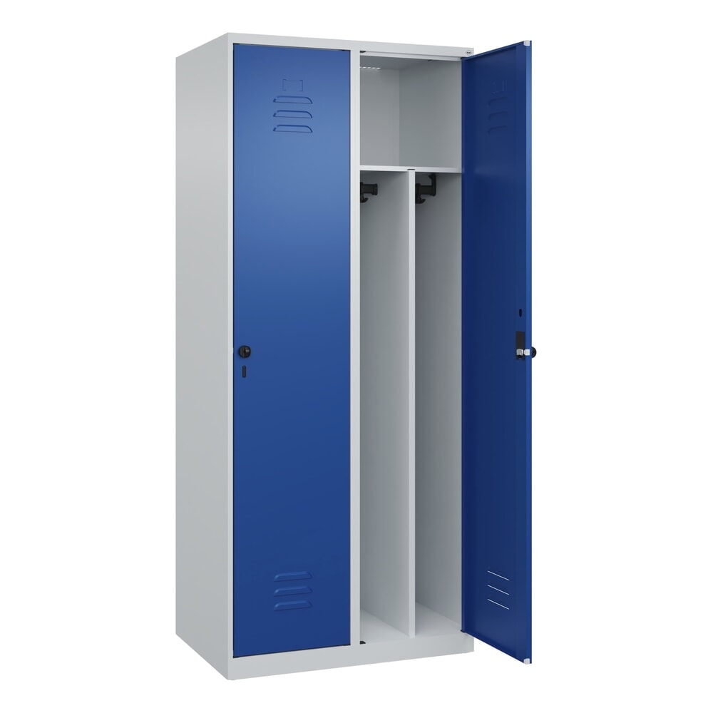 C+P Spind Classic PLUS, 2 Abteile, HxBxT 1.850 x 800 x 500 mm, lichtgrau, enzianblau, für Vorhängeschloss, mit Mitteltrennwand