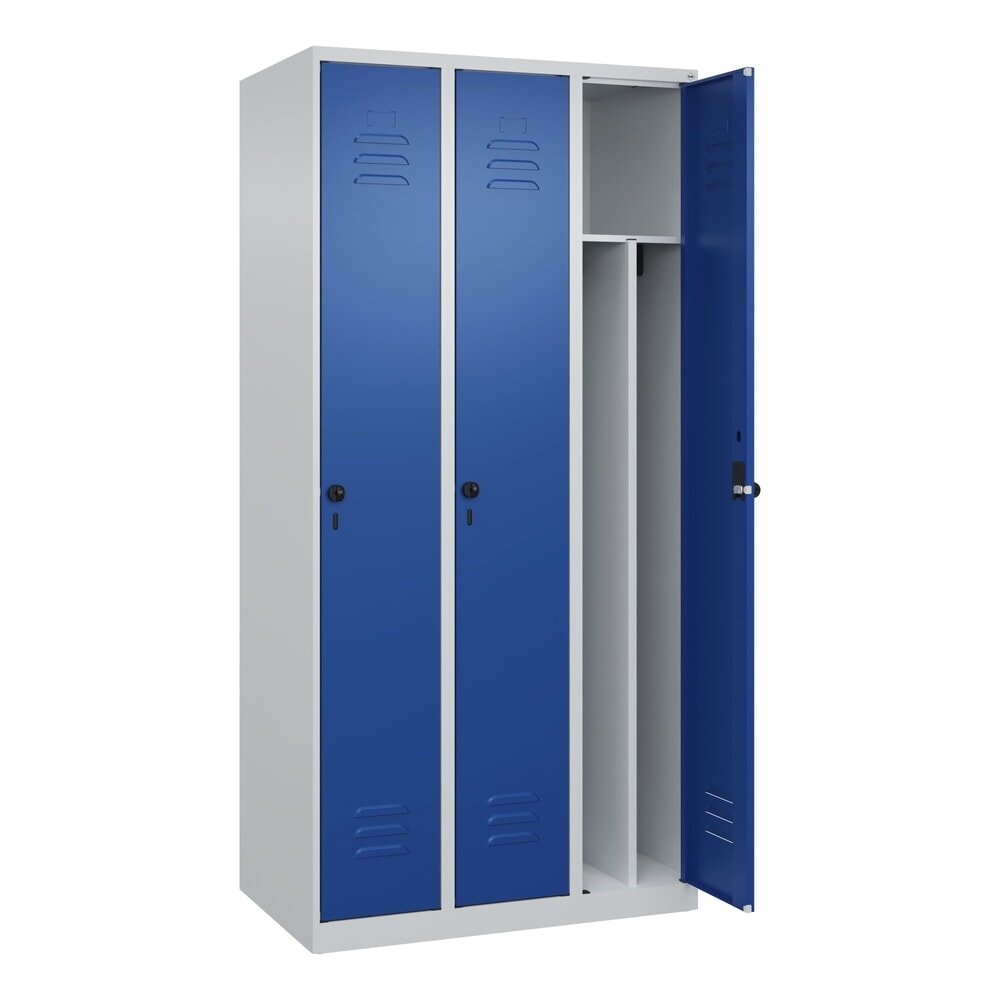 C+P Spind Classic PLUS, 3 Abteile, HxBxT 1.850 x 900 x 500 mm, lichtgrau, enzianblau, für Vorhängeschloss, mit Mitteltrennwand