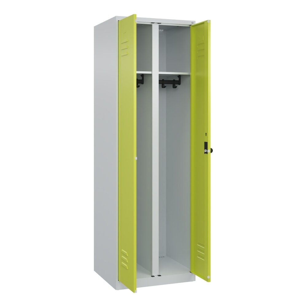 C+P Schwarz-Weiss-Spind Classic PLUS, 2 Abteile, HxBxT 1.850 x 600 x 500 mm, lichtgrau, clowngrün, für Vorhängeschloss