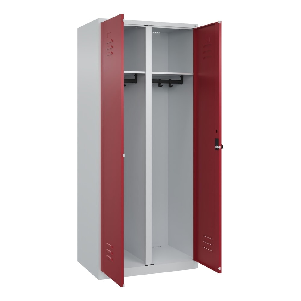 C+P Schwarz-Weiss-Spind Classic PLUS, 2 Abteile, HxBxT 1.850 x 800 x 500 mm, lichtgrau, rubinrot, für Vorhängeschloss