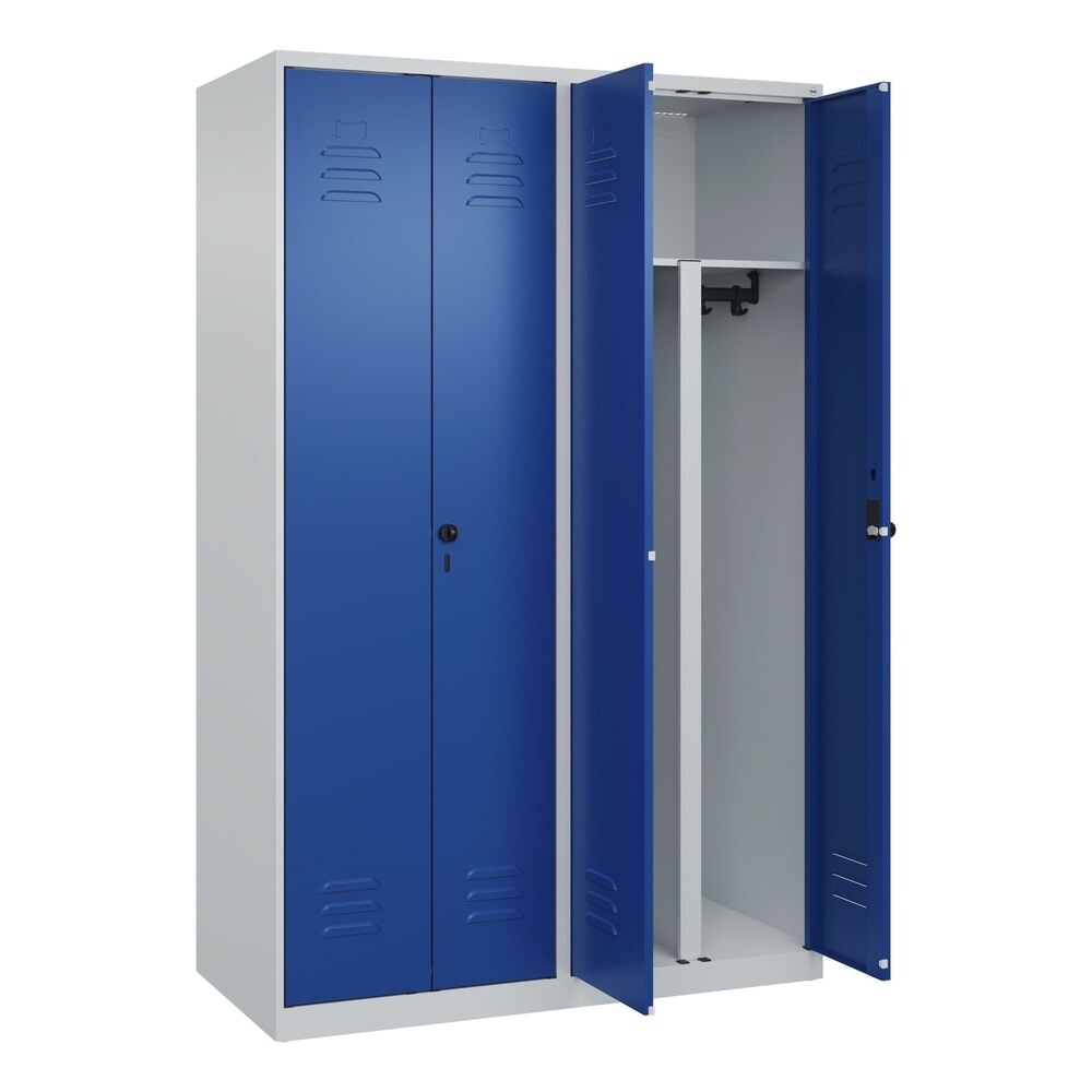 C+P PSA Doppel-Spind Classic PLUS, 4 Abteile, HxBxT 1.850 x 1.200 x 500 mm, lichtgrau, enzianblau, für Vorhängeschloss