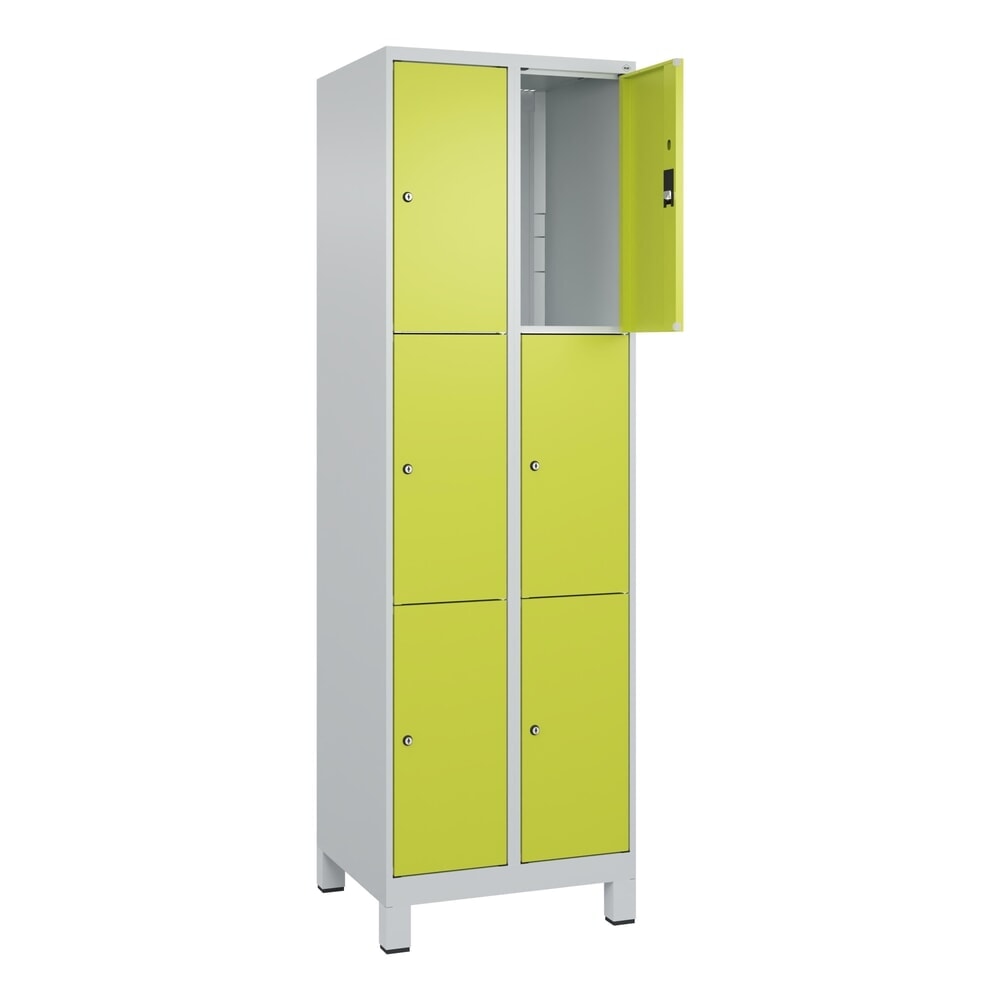 C+P Schliessfachschrank Classic PLUS, Füsse, 2 Abteile, HxBxT 1.950 x 600 x 500 mm, lichtgrau, clowngrün, 6 Fächer, Zylinderschloss