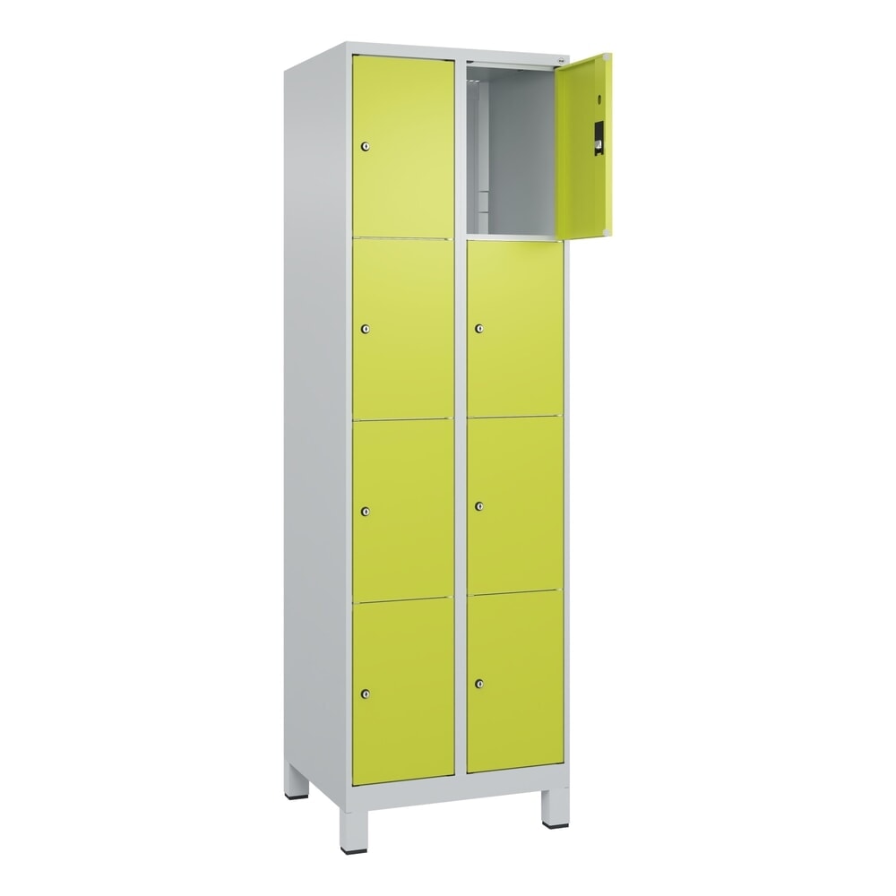 C+P Schliessfachschrank Classic PLUS, Füsse, 2 Abteile, HxBxT 1.950 x 600 x 500 mm, lichtgrau, clowngrün, 8 Fächer, Zylinderschloss