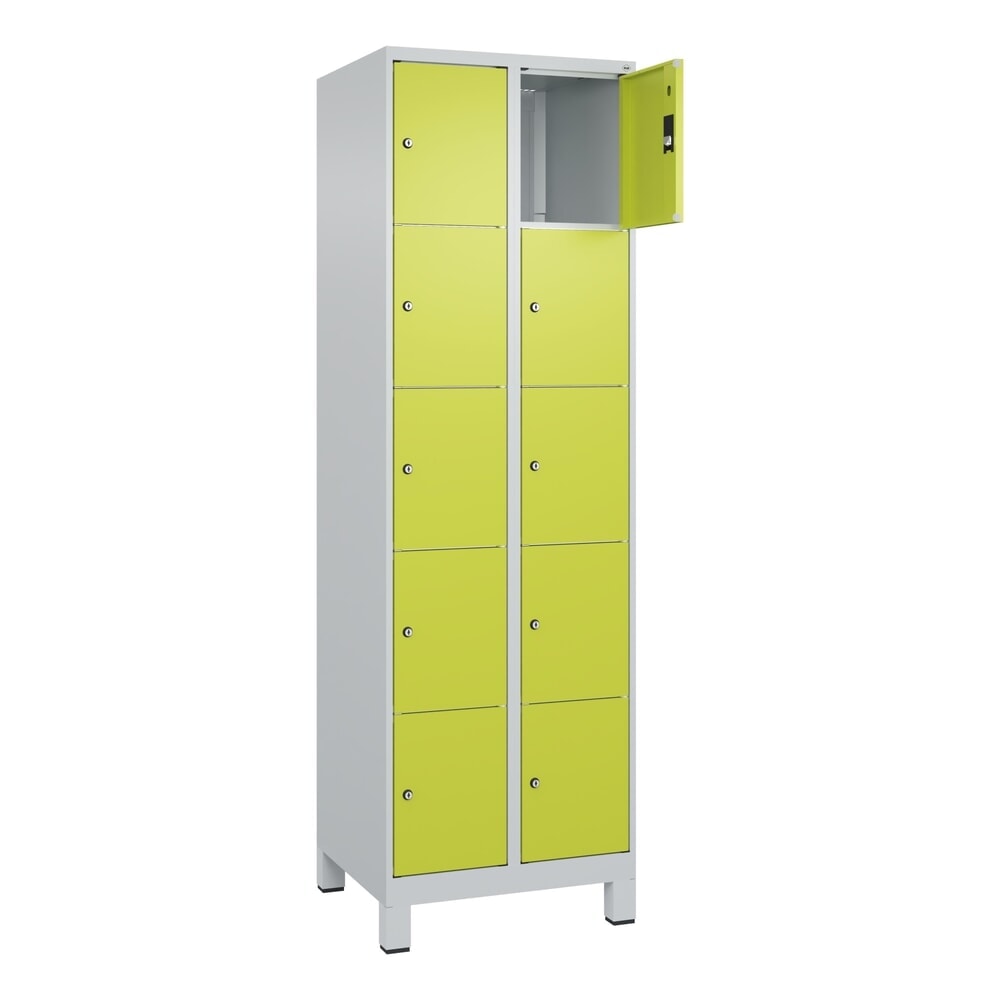 C+P Schliessfachschrank Classic PLUS, Füsse, 2 Abteile, HxBxT 1.950 x 600 x 500 mm, lichtgrau, clowngrün, 10 Fächer, Zylinderschloss