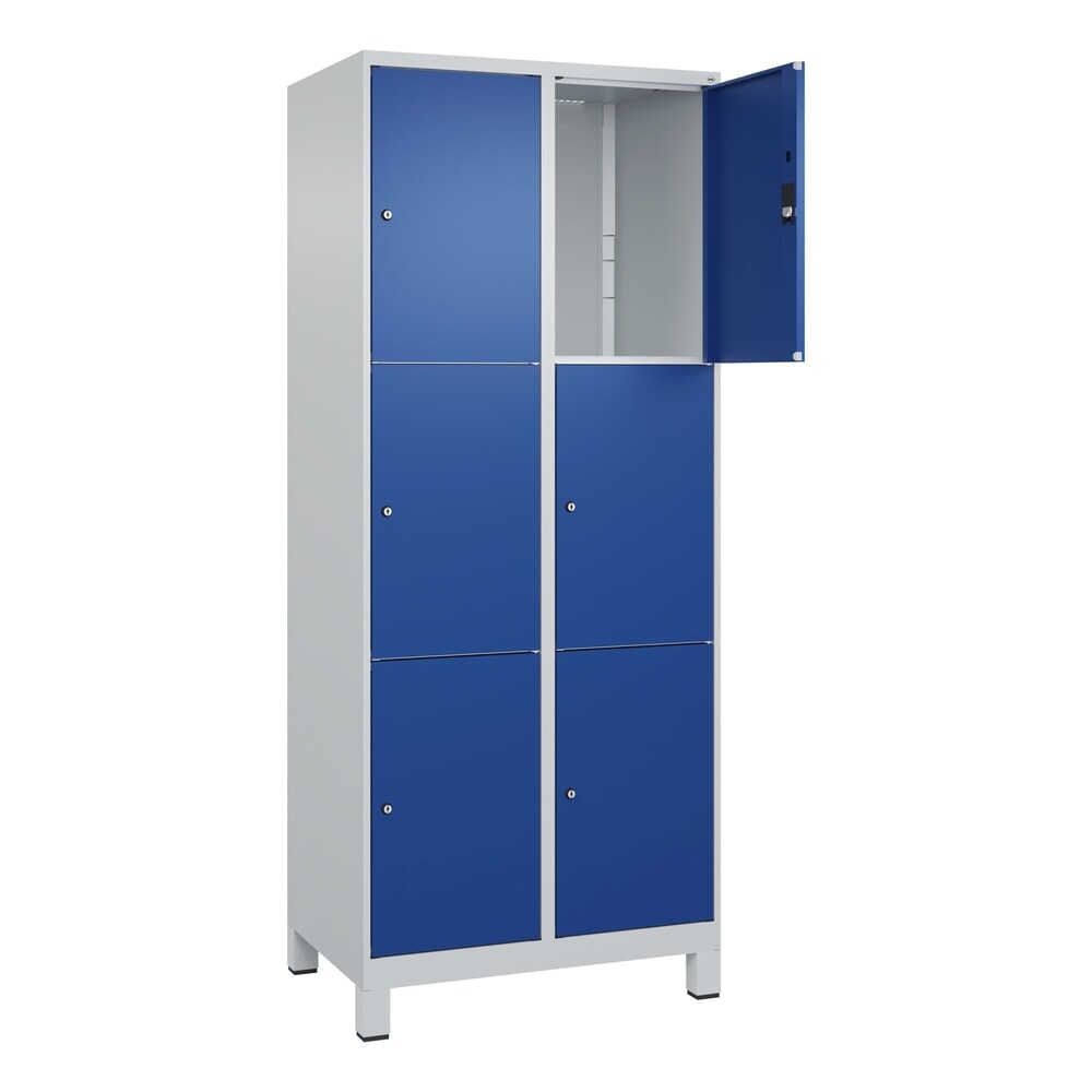 C+P Schliessfachschrank Classic PLUS, Füsse, 2 Abteile, HxBxT 1.950 x 800 x 500 mm, lichtgrau, enzianblau, 6 Fächer, Zylinderschloss