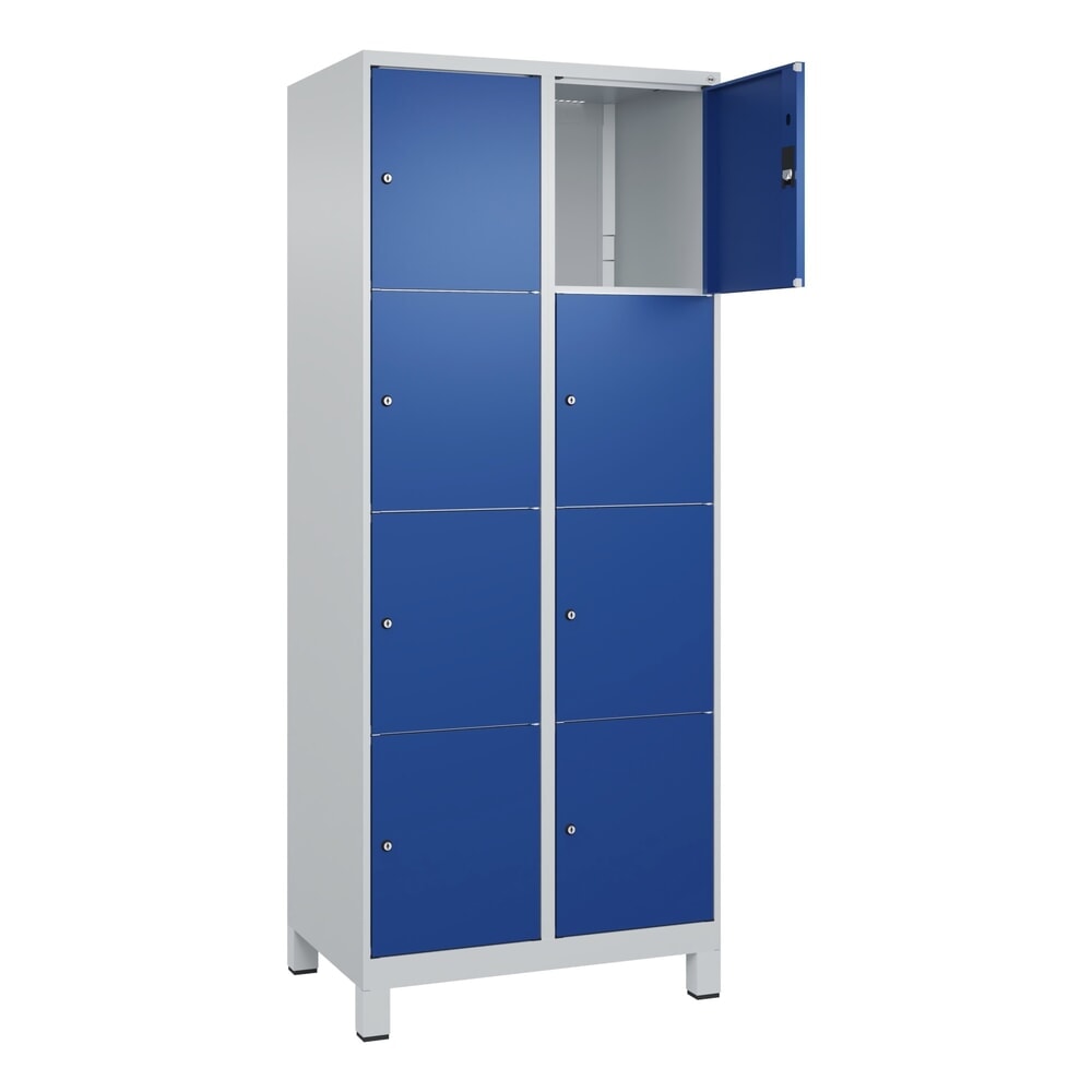 C+P Schliessfachschrank Classic PLUS, Füsse, 2 Abteile, HxBxT 1.950 x 800 x 500 mm, lichtgrau, enzianblau, 8 Fächer, Zylinderschloss