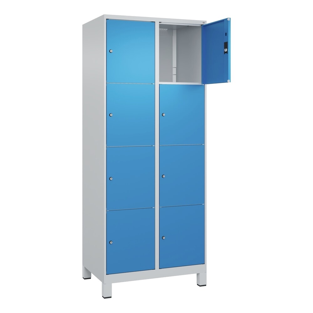 C+P Schliessfachschrank Classic PLUS, Füsse, 2 Abteile, HxBxT 1.950 x 800 x 500 mm, lichtgrau, lichtblau, 8 Fächer, Zylinderschloss