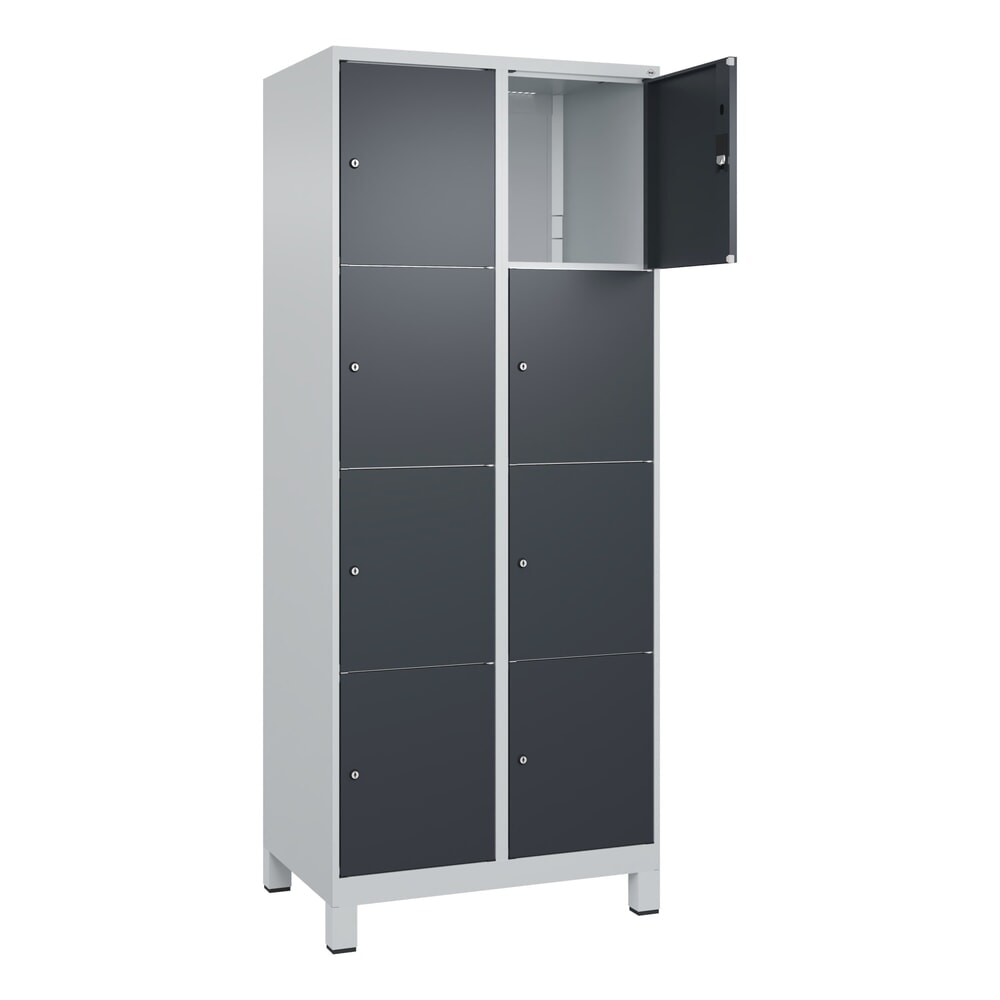 C+P Schliessfachschrank Classic PLUS, Füsse, 2 Abteile, HxBxT 1.950 x 800 x 500 mm, lichtgrau, anthrazitgrau, 8 Fächer, Zylinderschloss