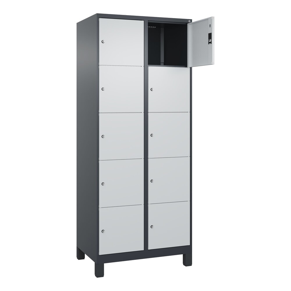 C+P Schliessfachschrank Classic PLUS, Füsse, 2 Abteile, HxBxT 1.950 x 800 x 500 mm, anthrazitgrau, lichtgrau, 10 Fächer, Zylinderschloss