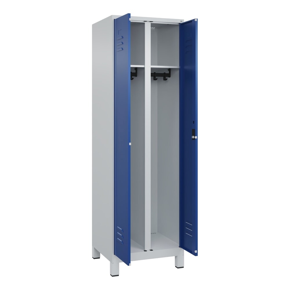 C+P Schwarz-Weiss-Spind Classic PLUS, Füsse, 2 Abteile, HxBxT 1.950 x 600 x 500 mm, lichtgrau, enzianblau, Zylinderschloss