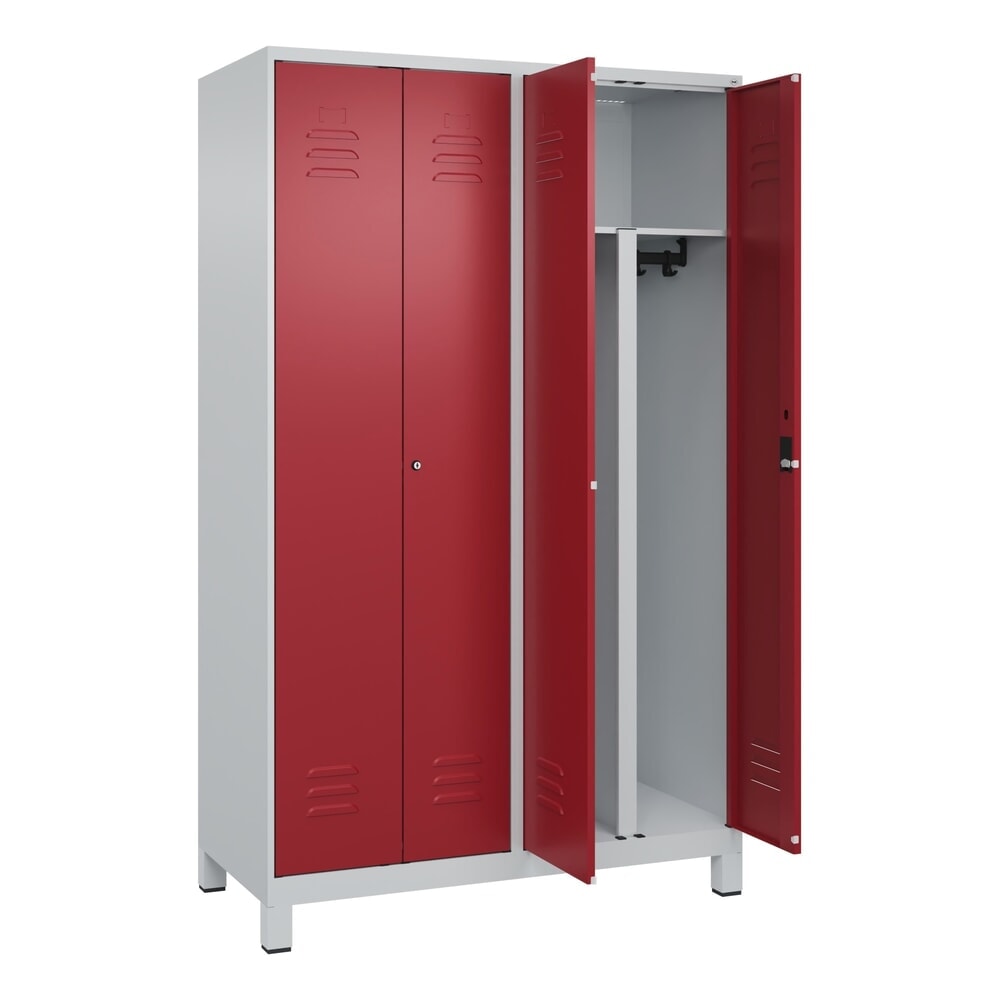C+P PSA Doppel-Spind Classic PLUS, Füsse, 4 Abteile, HxBxT 1.950 x 1.200 x 500 mm, lichtgrau, rubinrot, Zylinderschloss