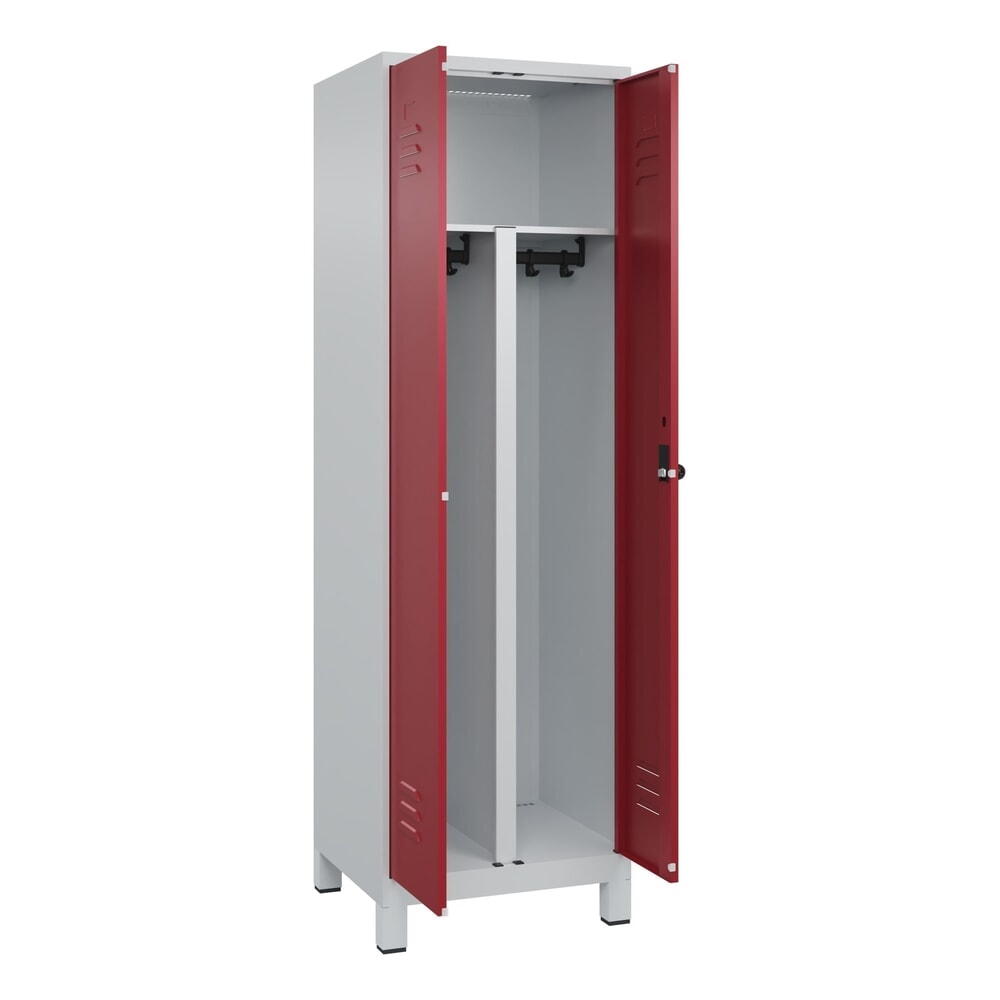 C+P PSA Doppel-Spind Classic PLUS, Füße, 2 Abteile, HxBxT 1.950 x 600 x 500 mm, lichtgrau, rubinrot, für Vorhängeschloss