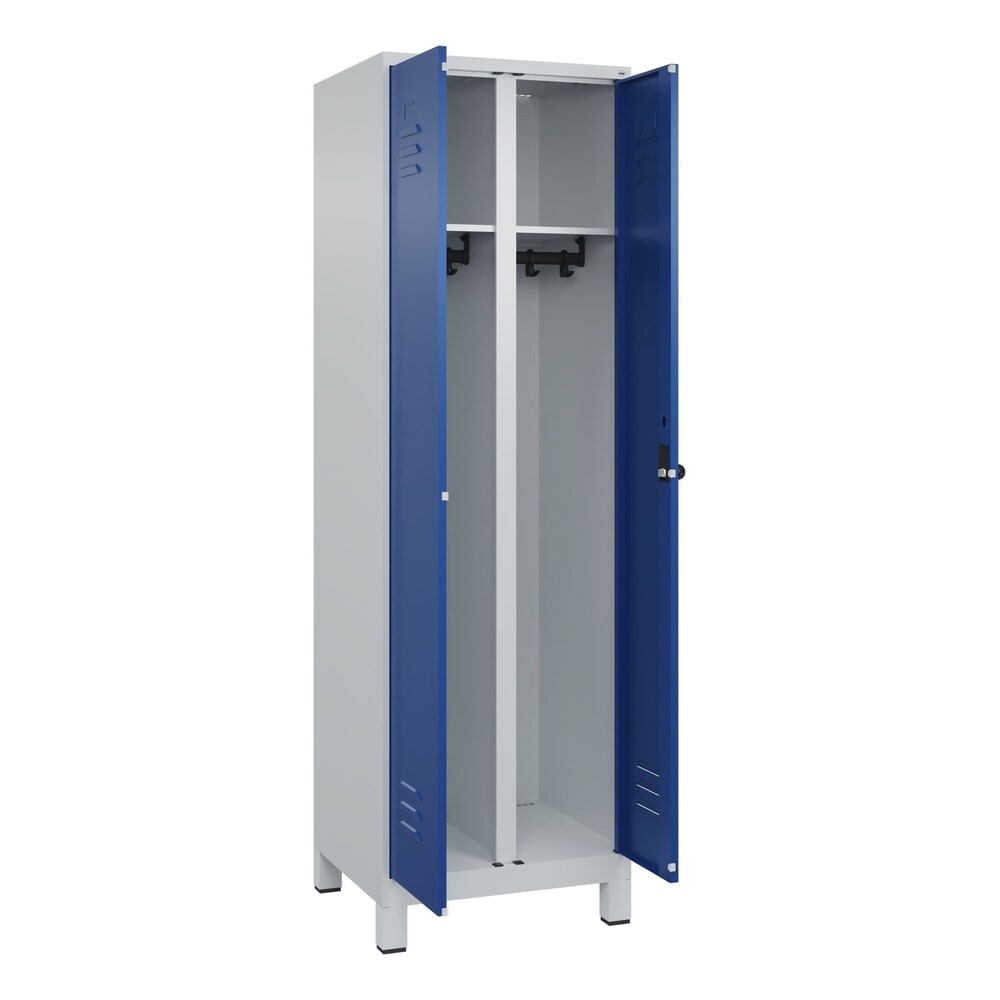 C+P Schwarz-Weiss-Spind Classic PLUS, Füsse, 2 Abteile, HxBxT 1.950 x 600 x 500 mm, lichtgrau, enzianblau, für Vorhängeschloss