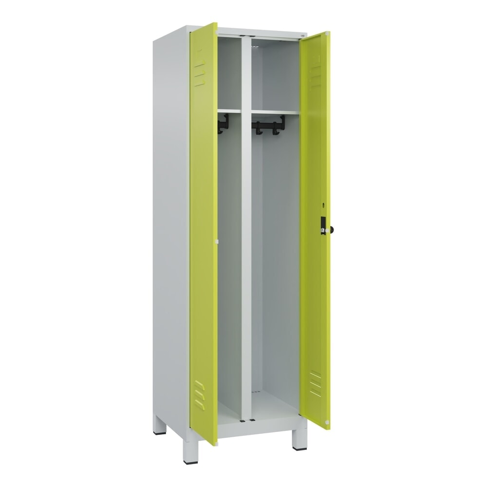 C+P Schwarz-Weiß-Spind Classic PLUS, Füße, 2 Abteile, HxBxT 1.950 x 600 x 500 mm, lichtgrau, clowngrün, für Vorhängeschloss