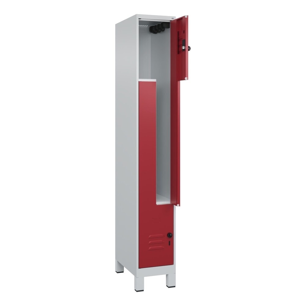 C+P Z-Spind Classic PLUS, Füße, 2 Abteile, HxBxT 1.950 x 300 x 500 mm, lichtgrau, rubinrot, für Vorhängeschloss