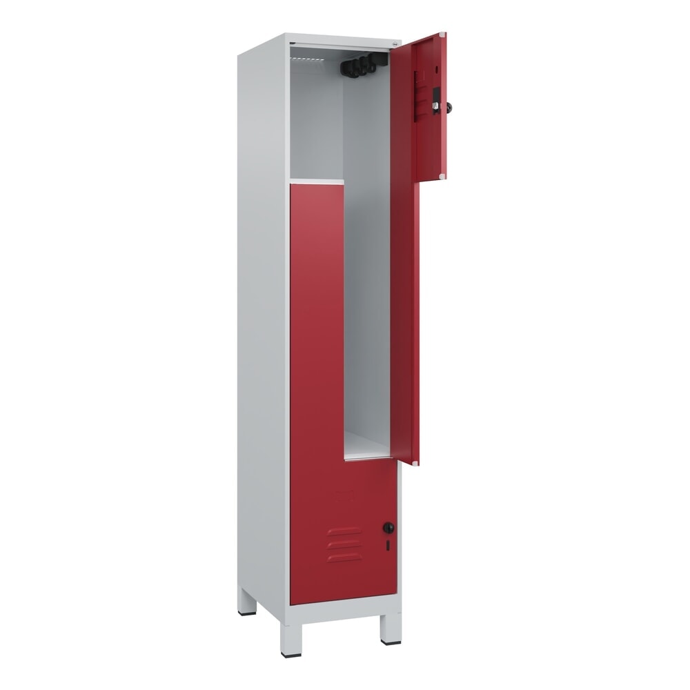 C+P Z-Spind Classic PLUS, Füsse, 2 Abteile, HxBxT 1.950 x 400 x 500 mm, lichtgrau, rubinrot, für Vorhängeschloss