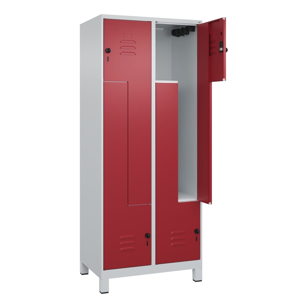 C+P Z-Spind Classic PLUS, Füsse, 4 Abteile, HxBxT 1.950 x 800 x 500 mm, lichtgrau, rubinrot, für Vorhängeschloss
