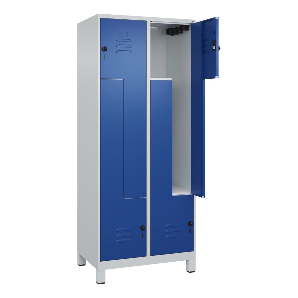 C+P Z-Spind Classic PLUS, Füsse, 4 Abteile, HxBxT 1.950 x 800 x 500 mm, lichtgrau, enzianblau, für Vorhängeschloss