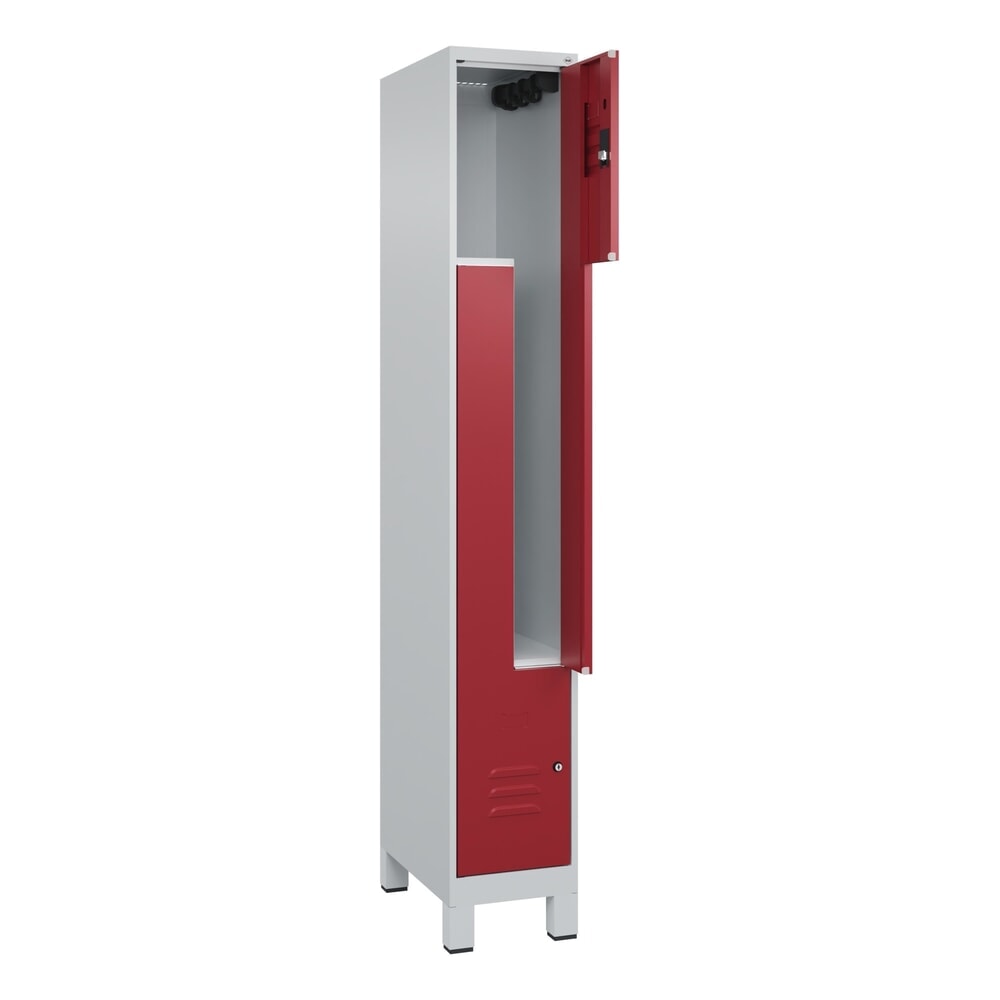 C+P Z-Spind Classic PLUS, Füße, 2 Abteile, HxBxT 1.950 x 300 x 500 mm, lichtgrau, rubinrot, Zylinderschloss