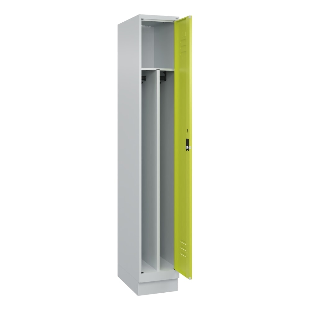 C+P Spind Classic PLUS, Sockel, 1 Abteil, HxBxT 1.950 x 300 x 500 mm, lichtgrau, clowngrün, Zylinderschloss, mit Mitteltrennwand