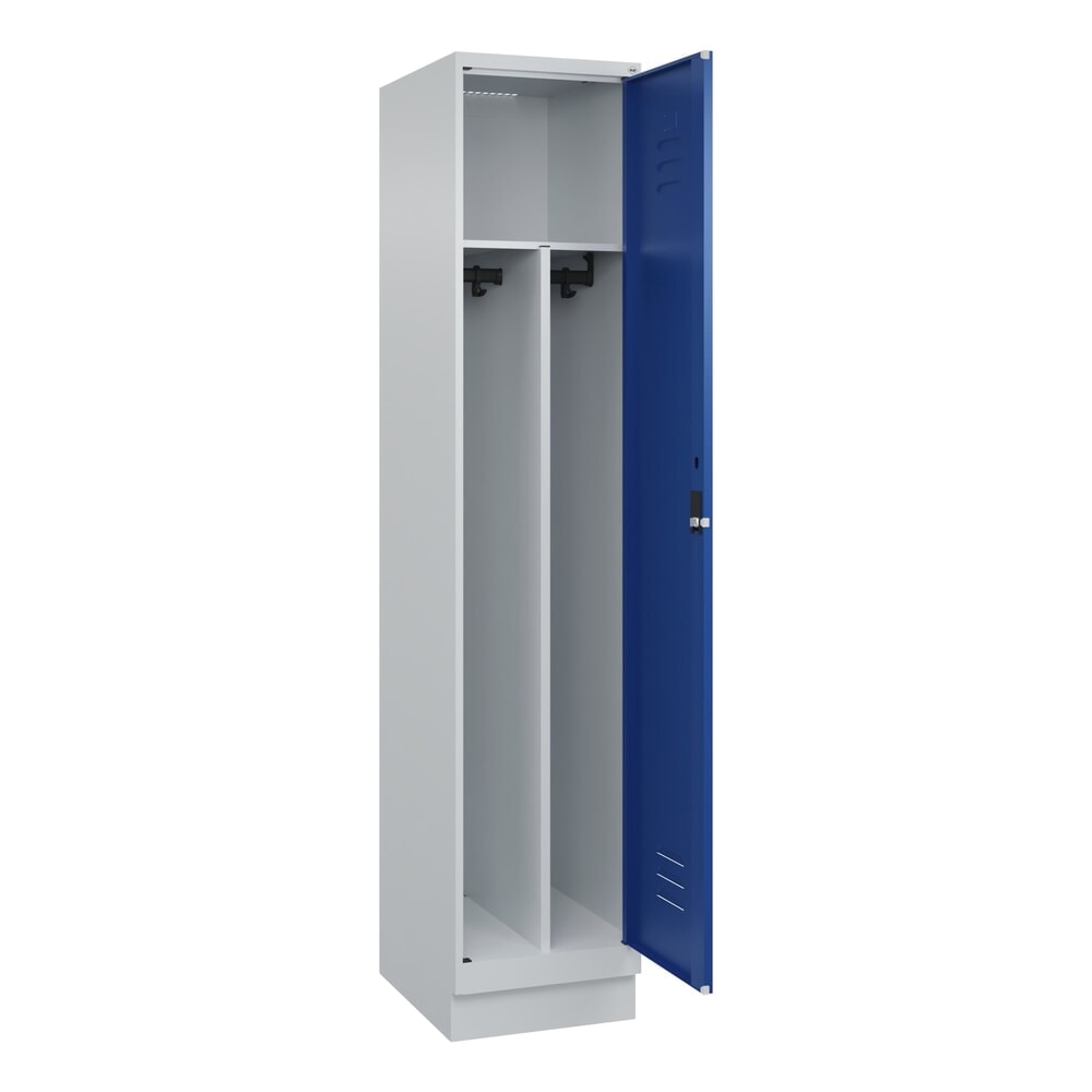 C+P Spind Classic PLUS, Sockel, 1 Abteil, HxBxT 1.950 x 400 x 500 mm, lichtgrau, enzianblau, Zylinderschloss, mit Mitteltrennwand