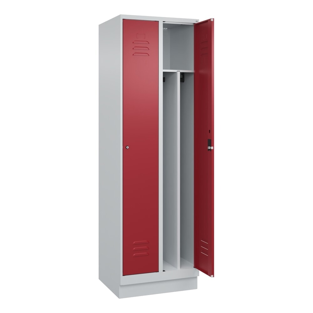 C+P Spind Classic PLUS, Sockel, 2 Abteile, HxBxT 1.950 x 600 x 500 mm, lichtgrau, rubinrot, Zylinderschloss, mit Mitteltrennwand