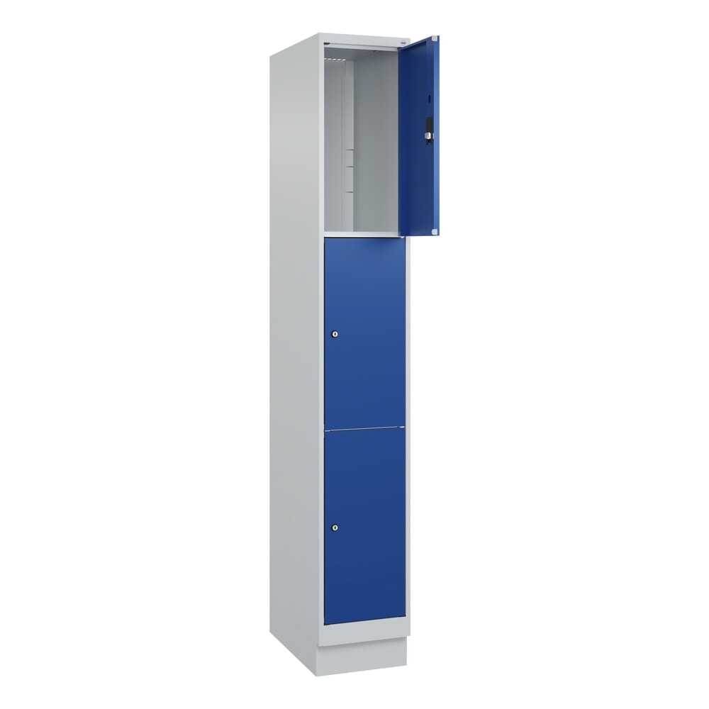 C+P Schliessfachschrank Classic PLUS, Sockel, 1 Abteil, HxBxT 1.950 x 300 x 500 mm, lichtgrau, enzianblau, 3 Fächer, Zylinderschloss
