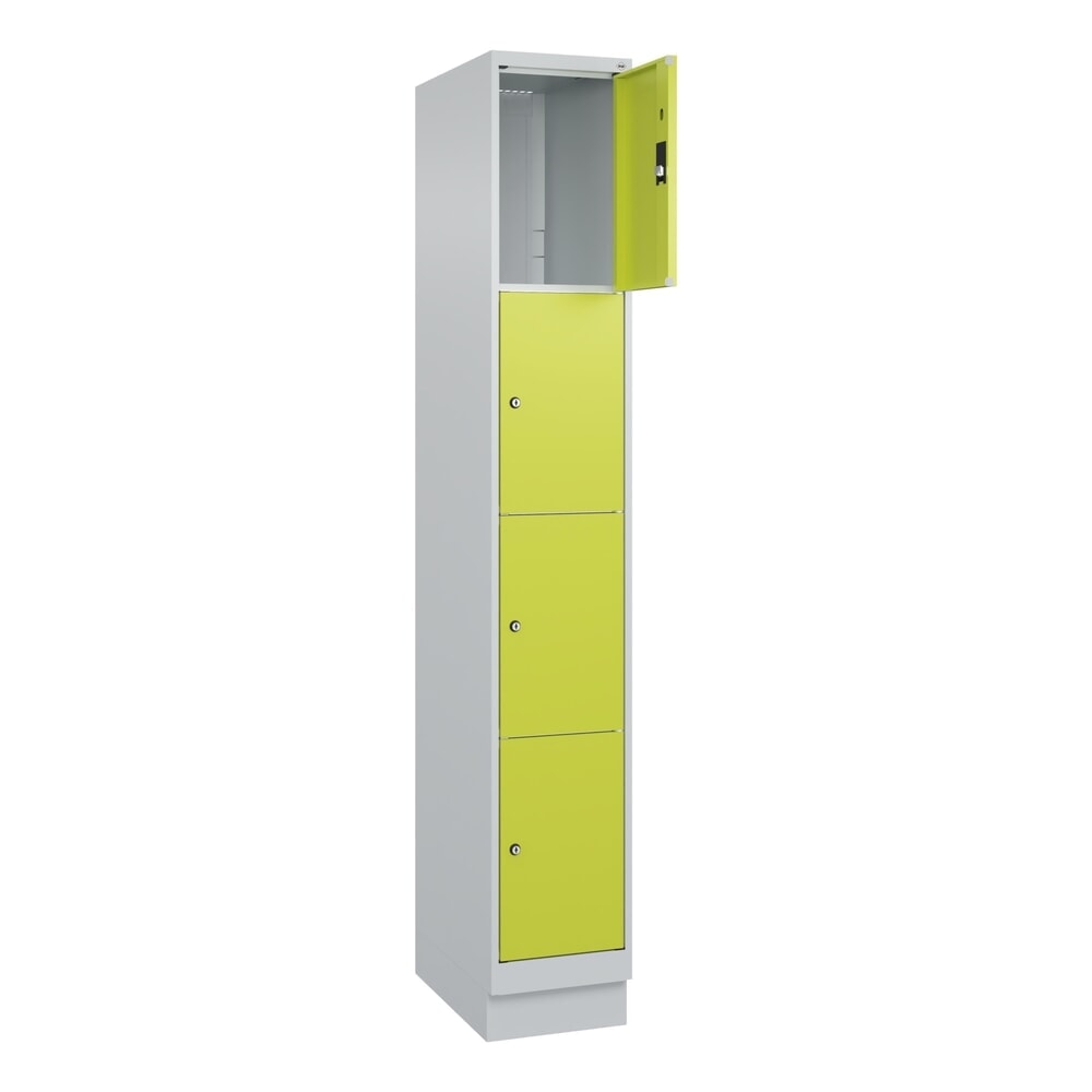 C+P Schliessfachschrank Classic PLUS, Sockel, 1 Abteil, HxBxT 1.950 x 300 x 500 mm, lichtgrau, clowngrün, 4 Fächer, Zylinderschloss