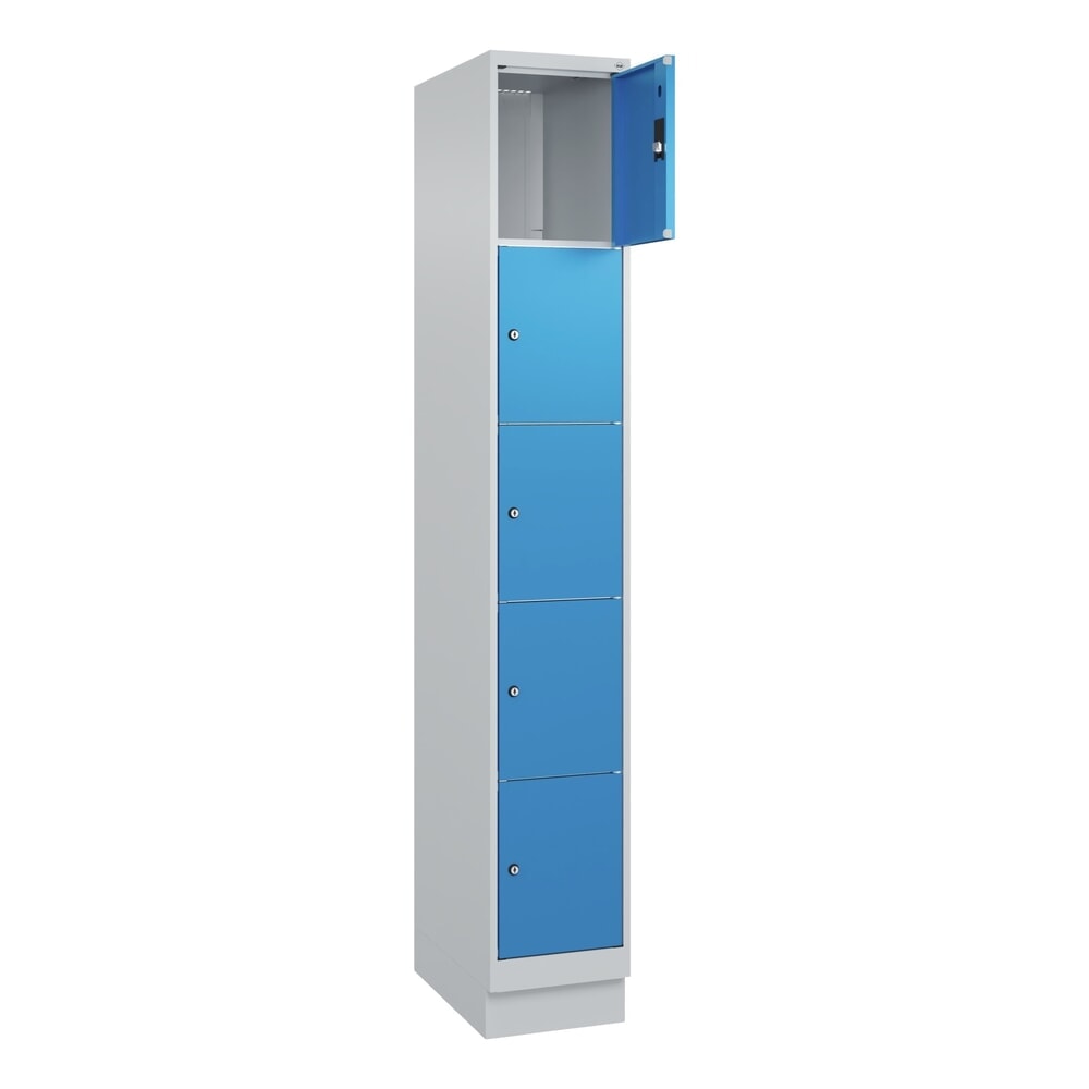 C+P Schliessfachschrank Classic PLUS, Sockel, 1 Abteil, HxBxT 1.950 x 300 x 500 mm, lichtgrau, lichtblau, 5 Fächer, Zylinderschloss