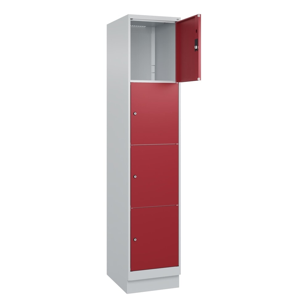 C+P Schliessfachschrank Classic PLUS, Sockel, 1 Abteil, HxBxT 1.950 x 400 x 500 mm, lichtgrau, rubinrot, 4 Fächer, Zylinderschloss