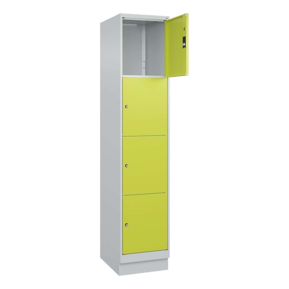 C+P Schliessfachschrank Classic PLUS, Sockel, 1 Abteil, HxBxT 1.950 x 400 x 500 mm, lichtgrau, clowngrün, 4 Fächer, Zylinderschloss