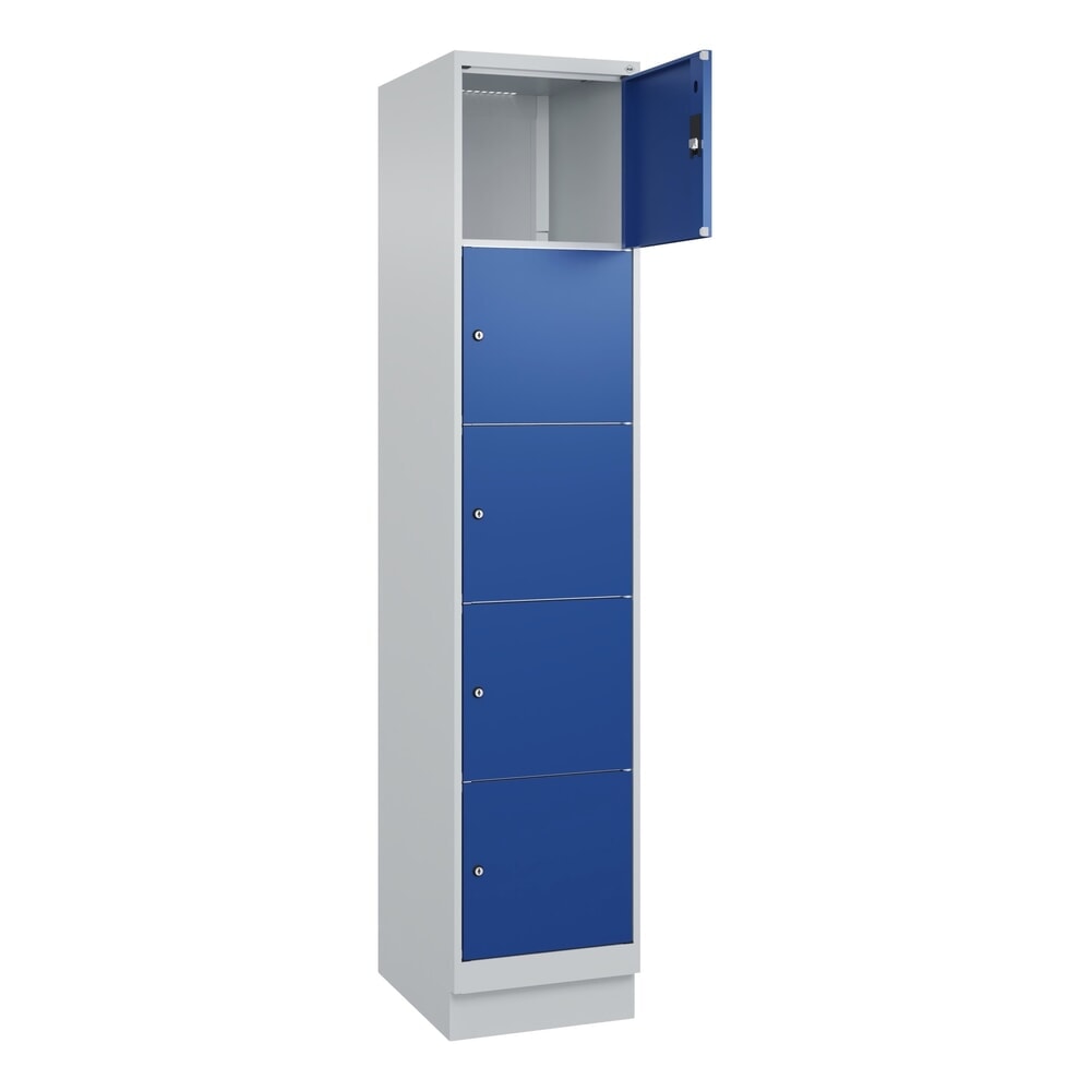C+P Schliessfachschrank Classic PLUS, Sockel, 1 Abteil, HxBxT 1.950 x 400 x 500 mm, lichtgrau, enzianblau, 5 Fächer, Zylinderschloss