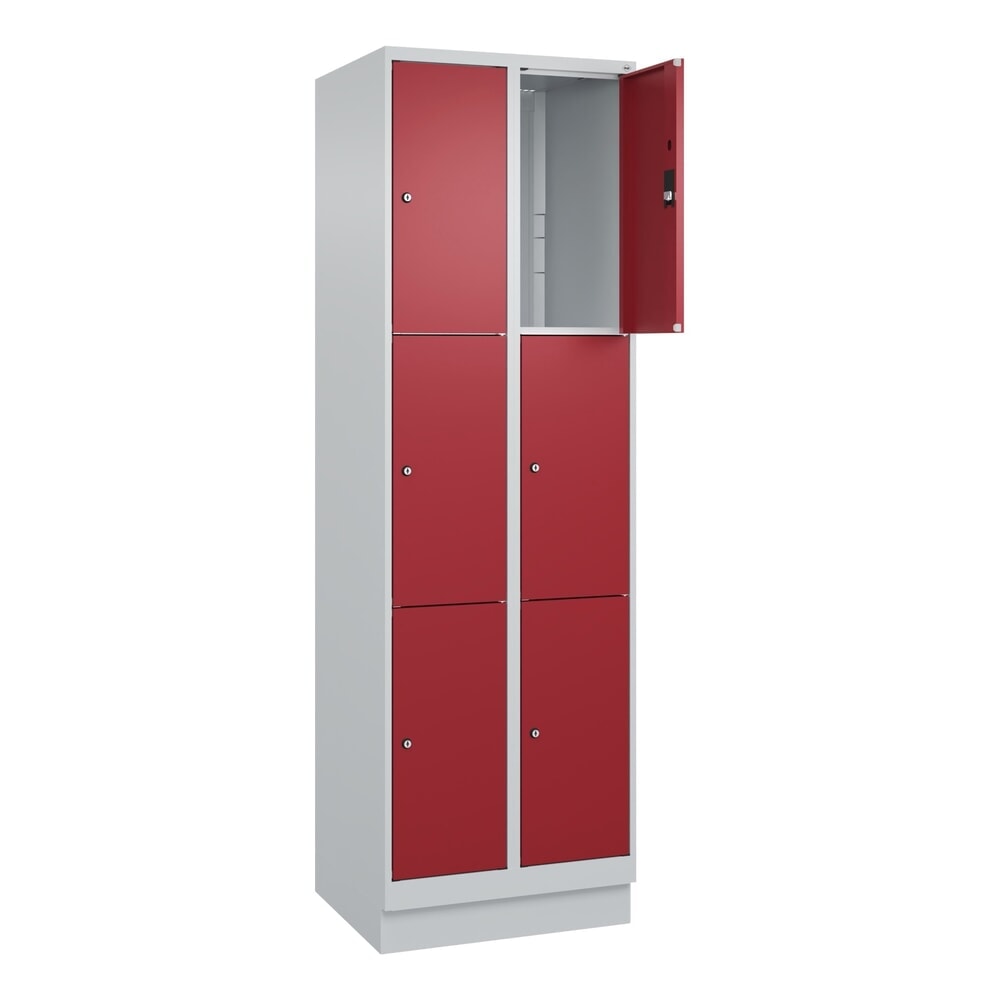 C+P Schliessfachschrank Classic PLUS, Sockel, 2 Abteile, HxBxT 1.950 x 600 x 500 mm, lichtgrau, rubinrot, 6 Fächer, Zylinderschloss