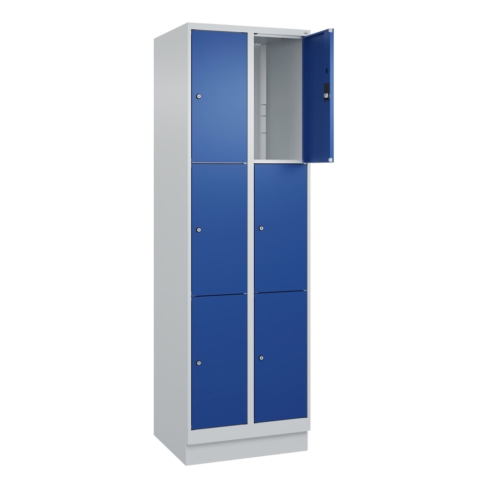 C+P Schliessfachschrank Classic PLUS, Sockel, 2 Abteile, HxBxT 1.950 x 600 x 500 mm, lichtgrau, enzianblau, 6 Fächer, Zylinderschloss