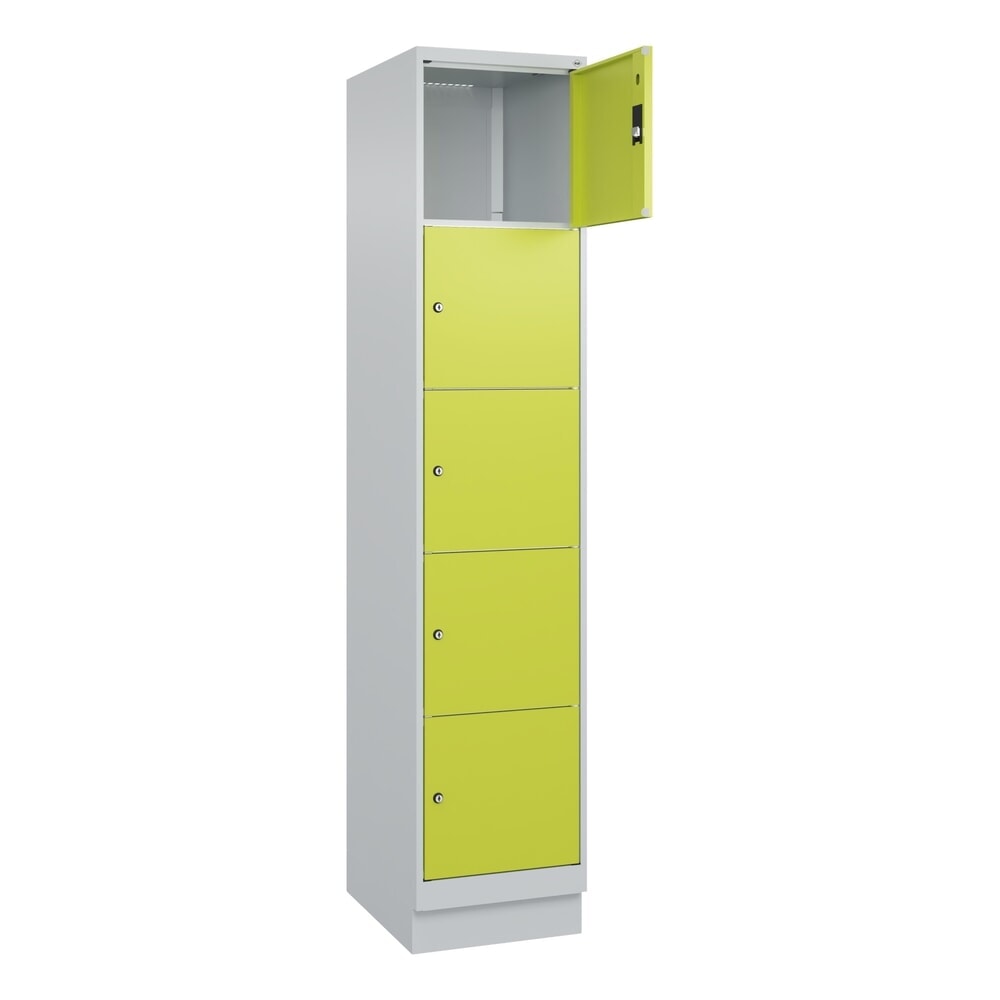 C+P Schliessfachschrank Classic PLUS, Sockel, 1 Abteil, HxBxT 1.950 x 400 x 500 mm, lichtgrau, clowngrün, 5 Fächer, Zylinderschloss