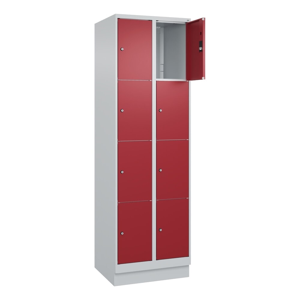 C+P Schliessfachschrank Classic PLUS, Sockel, 2 Abteile, HxBxT 1.950 x 600 x 500 mm, lichtgrau, rubinrot, 8 Fächer, Zylinderschloss