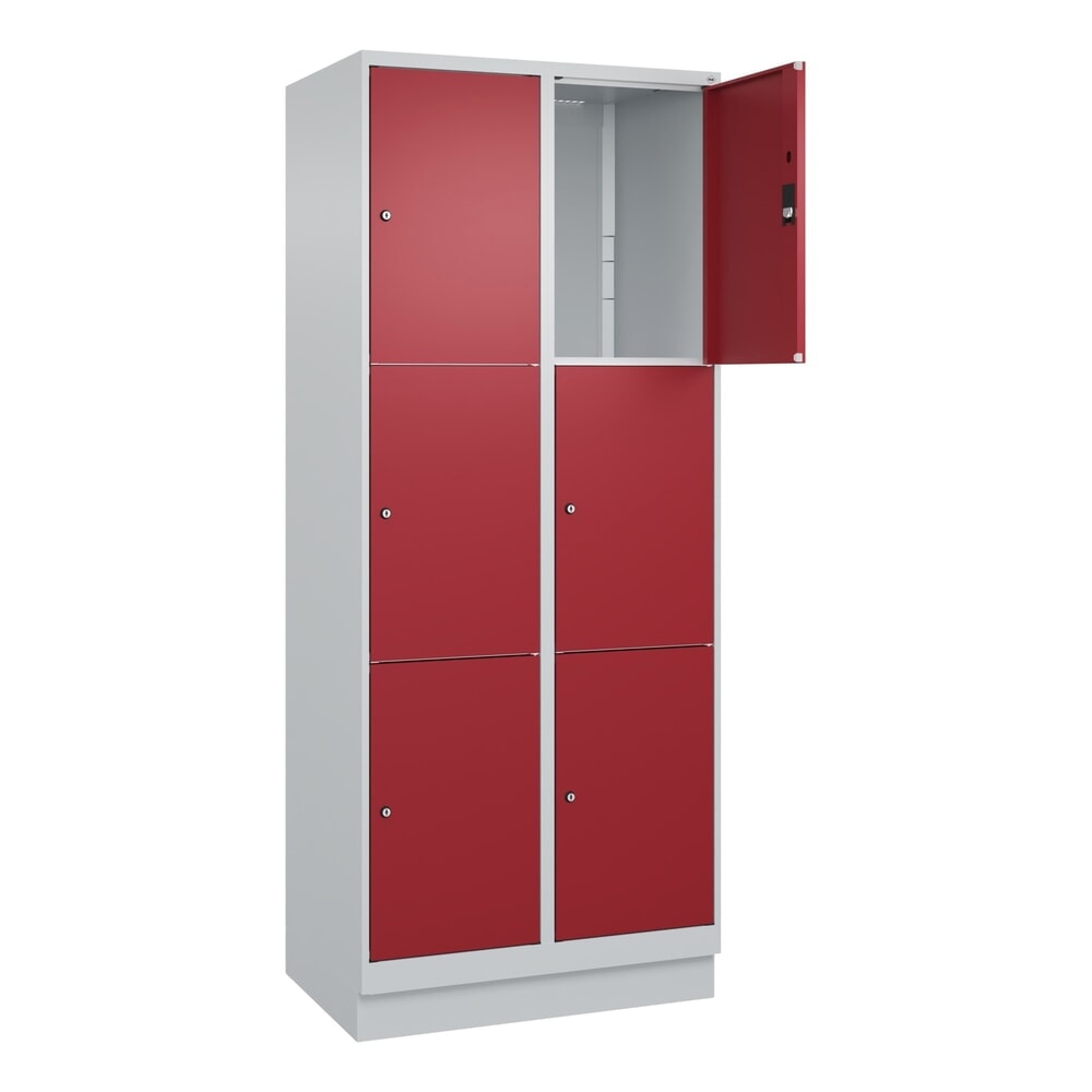 C+P Schliessfachschrank Classic PLUS, Sockel, 2 Abteile, HxBxT 1.950 x 800 x 500 mm, lichtgrau, rubinrot, 6 Fächer, Zylinderschloss