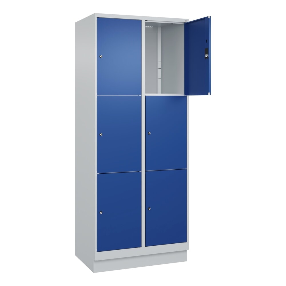 C+P Schliessfachschrank Classic PLUS, Sockel, 2 Abteile, HxBxT 1.950 x 800 x 500 mm, lichtgrau, enzianblau, 6 Fächer, Zylinderschloss
